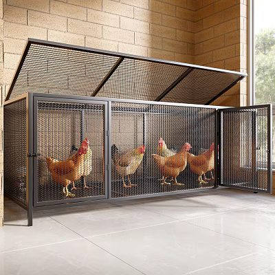 Spacious Metal Pet Cage With Wire Mesh Design Open Top And Chickens Inside 3d model