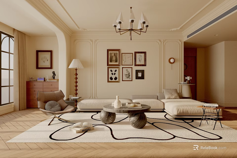 Warm Elegant Living Room Interior With Chandelier Decorative Paintings Sofa And Coffee Table 3d model 