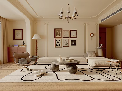 Warm Elegant Living Room Interior With Chandelier Decorative Paintings Sofa And Coffee Table 3d model