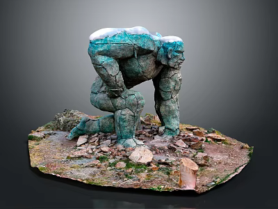Stone Giant Character With Rocky Texture Kneeling On Debris Covered Ground And Snowy Back 3d model