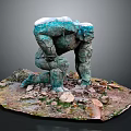 Stone Giant Character With Rocky Texture Kneeling On Debris Covered Ground And Snowy Back