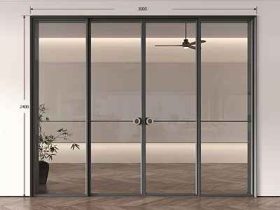 Modern Sliding Glass Doors With Black Frame In Indoor Space And Potted Plant 3d model