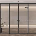 Modern Sliding Glass Doors With Black Frame In Indoor Space And Potted Plant