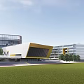 Modern School Building With Theatre Glass Facade Yellow Accents And Landscaped Trees