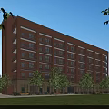 Red Brick Multi Story School Building With Balconies Surrounded By Green Trees And Open Lawn