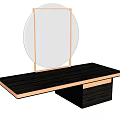 Modern Dressing Table With Black Wooden Striped Top And Brass Round Mirror