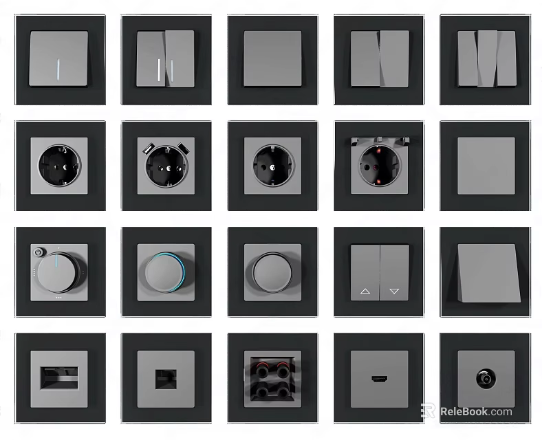 Modern Switch Panels with Various Switches Sockets and Dimmers for Home Use 3d model