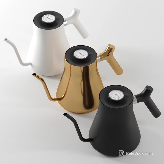 Modern Sleek Teapots In White Gold And Black With Sleek Spout Handle And Dial Lid 3d model 