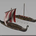 Ancient Water Transport Vessels With Red White Striped Sails And Colorful Circular Patterns