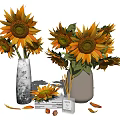 Bright Sunflowers Bouquet in Decorative Vases with Scattered Petals Aromatherapy Sticks and Books