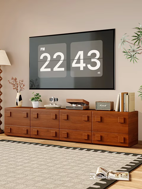 Wooden TV Stand with Square Knobs Drawers Potted Plant Table Lamp Books Radio on Top 3d model 
