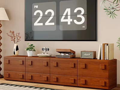 Wooden TV Stand with Square Knobs Drawers Potted Plant Table Lamp Books Radio on Top 3d model