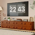 Wooden TV Stand with Square Knobs Drawers Potted Plant Table Lamp Books Radio on Top