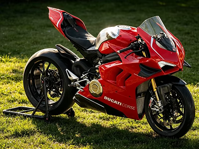 Red Ducati Panigale Sport Motorcycle With Black Seat And Transparent Windscreen On Grass 3d model