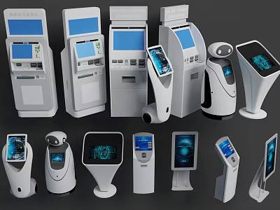 Public Facility Self Service Kiosks With Various Interactive Touchscreen Terminals And Modern Design 3d model