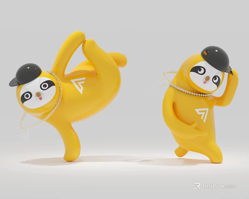Yellow Sloth Dolls With Black Hats And Chain Accessories In Dynamic Dancing Poses 3d model 