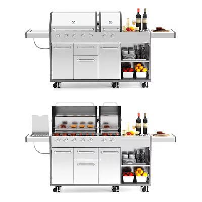Stainless Steel Outdoor Grill Station With Wheels Storage Cabinets And Food Bottles On Countertop 3d model