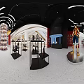 Large Anime Action Figure in Modern Display Space with Shelves Collectibles Shiny Floor Circular Lights