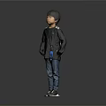 Child in Black Long Sleeved Shirt Blue Jeans Sneakers with Blue Accessory on Gray Background