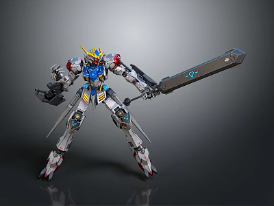 Futuristic Mecha Robot Character With Yellow Horn Blue Red Details And Large Sword 3d model