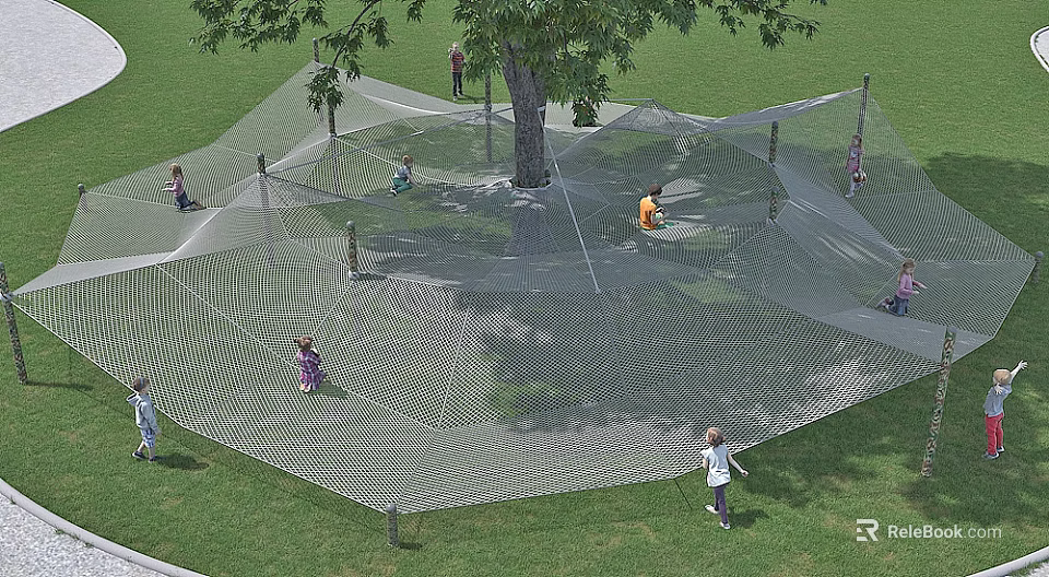 Kindergarten Outdoor Play Area With Net Play Structure And Children Playing On Grass Lawn 3d model 