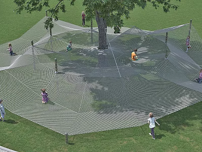 Kindergarten Outdoor Play Area With Net Play Structure And Children Playing On Grass Lawn 3d model