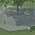 Kindergarten Outdoor Play Area With Net Play Structure And Children Playing On Grass Lawn