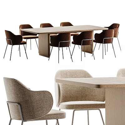 Contemporary Light Wood Dining Table Set With Soft Fabric Upholstered Chairs For Stylish Home Interior 3d model