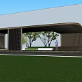 Modern Curved Pergola with Black Structure Trees and Green Lawn Outdoor Setting