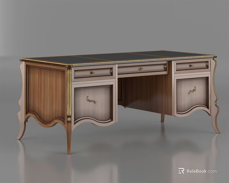 Elegant Wooden Desk With Curved Legs Metal Accents And Storage Drawers 3d model 