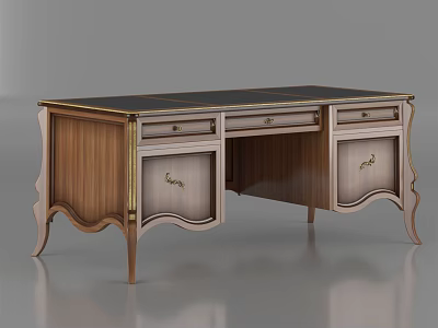 Elegant Wooden Desk With Curved Legs Metal Accents And Storage Drawers 3d model
