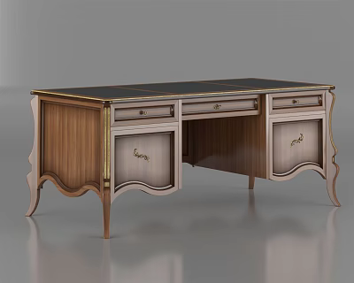 Elegant Wooden Desk With Curved Legs Metal Accents And Storage Drawers 3d model