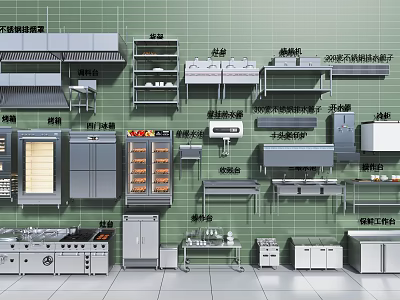 Commercial Catering Kitchen Equipment With Stainless Steel Cabinets And Workstations 3d model