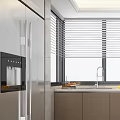 Modern Kitchen Interior With Brown Cabinets Stainless Steel Refrigerator Window Blinds And Countertop Sink