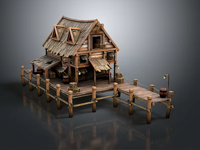 Rustic Stilted Wooden House With Sloped Roof Wooden Deck Railings And Barrels 3d model