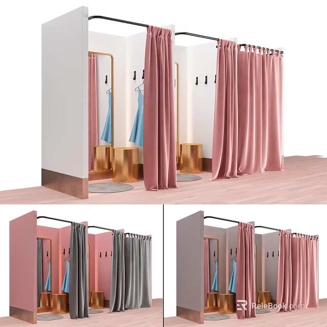 Stylish Fitting Room Design With Pink Curtains Mirrors Hangers And Colored Cubicles 3d model 