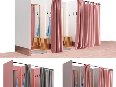 Stylish Fitting Room Design With Pink Curtains Mirrors Hangers And Colored Cubicles 3d model