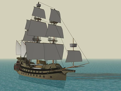 Classic Sailing Ship With Multiple Gray Sails And Wooden Hull Sailing On Blue Ocean 3d model