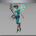 Sci Fi Biomechanical Character Wearing Blue White Outfit Holding Green Glowing Weapon And Back Wings