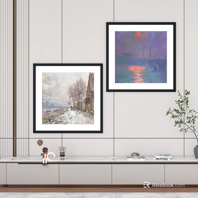 Wall Art Display With Snowy Street And Sunset Landscape Paintings In Modern Interior 3d model 