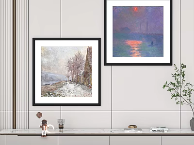 Wall Art Display With Snowy Street And Sunset Landscape Paintings In Modern Interior 3d model