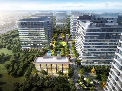 Aerial View Planning of Modern Residential Complex With Green Landscaped Areas and Central Community Buildings 3d model