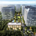 Aerial View Planning of Modern Residential Complex With Green Landscaped Areas and Central Community Buildings