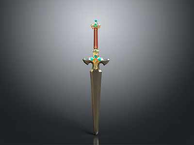 Ornate Decorative Sword With Red Hilt Golden Guard And Blue Gemstones 3d model