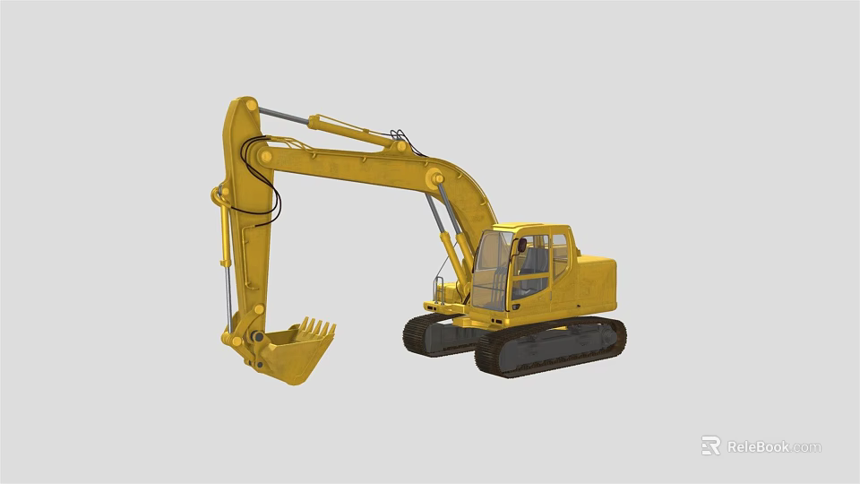 Yellow Tracked Excavator With Front Bucket And Operator Cab In Construction 3d model 