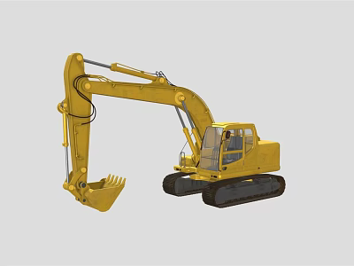 Yellow Tracked Excavator With Front Bucket And Operator Cab In Construction 3d model