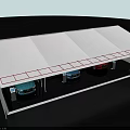 Modern Car Showroom Booth With Blue Red Cars And Display Screen