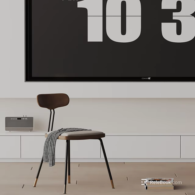 Brown Dining Chair With Black and White Checkered Blanket Near White Cabinet and Black TV 3d model 