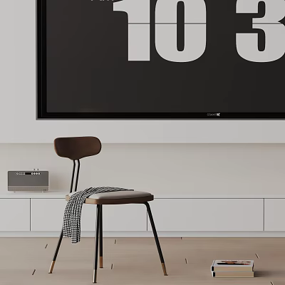 Brown Dining Chair With Black and White Checkered Blanket Near White Cabinet and Black TV 3d model