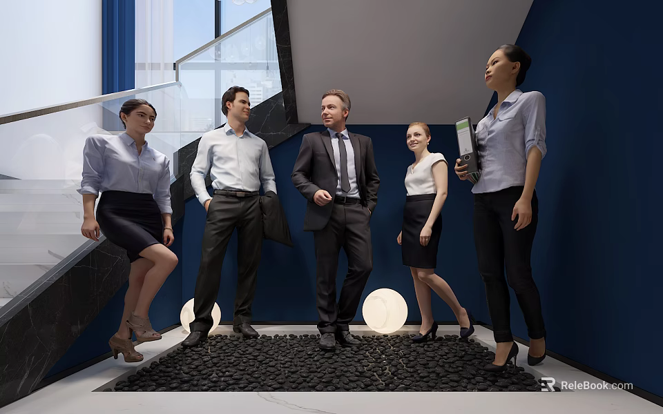 Business Professionals Standing in Modern Interior With Blue Walls Staircase Round Lights and Pebble Floor 3d model 